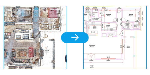 Scan PDF to DWG conversion showing point cloud scan to CAD floor plan